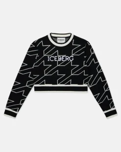 Kids Iceberg Black Cropped Wool Sweater With Houndstooth Motif