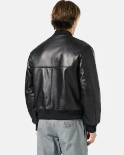 Iceberg Black Leather Bomber Jacket With Bear Embroidery And Double Slider Zip With Logo
