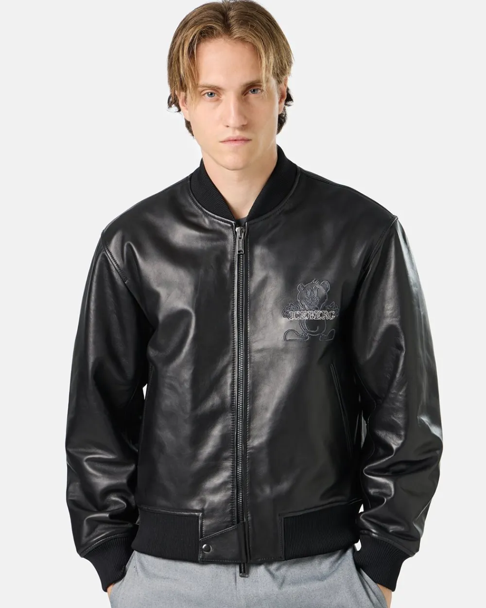 Iceberg Black Leather Bomber Jacket With Bear Embroidery And Double Slider Zip With Logo