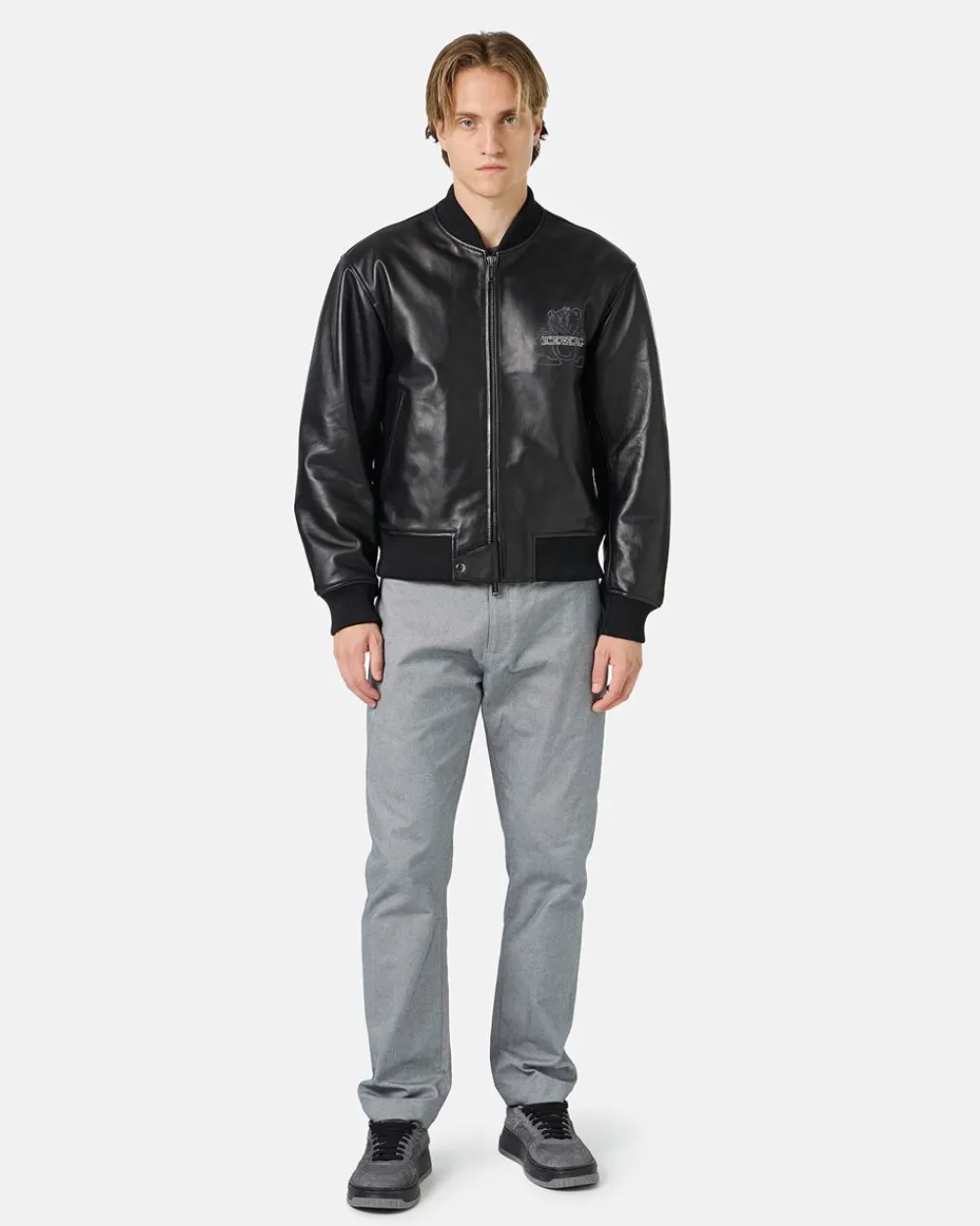 Iceberg Black Leather Bomber Jacket With Bear Embroidery And Double Slider Zip With Logo