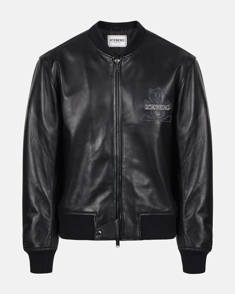 Iceberg Black Leather Bomber Jacket With Bear Embroidery And Double Slider Zip With Logo