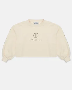Kids Iceberg Cream-colored Crop Sweatshirt With Studs And Logo