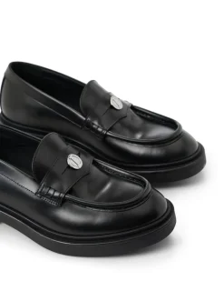 Women Iceberg Elegant Black Leather Loafers With Logo Monogram