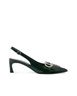 Women Iceberg Green Patinated Leather Pumps With Kitten Heel, Logo And Fringe