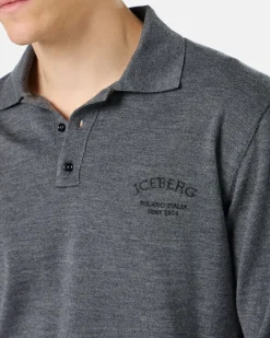 Iceberg Grey Long-sleeved Polo Shirt In Merino Yarn With Logo