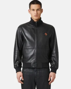 Iceberg Leather Bomber Jacket With Bear Detail