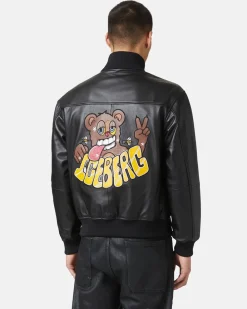 Iceberg Leather Bomber Jacket With Bear Detail