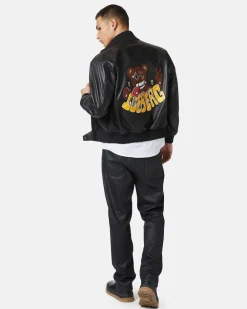Iceberg Leather Bomber Jacket With Bear Detail