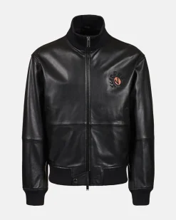 Iceberg Leather Bomber Jacket With Bear Detail