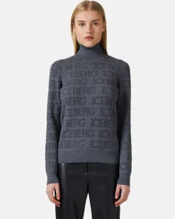 Women Iceberg Mock-neck Sweater With All-over Logo
