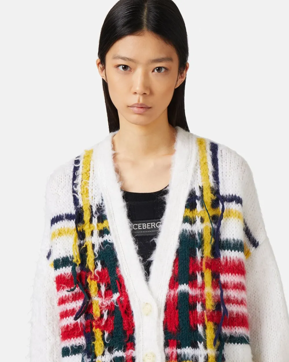 Women Iceberg Mohair Cardigan With Multicolor Check Inlay