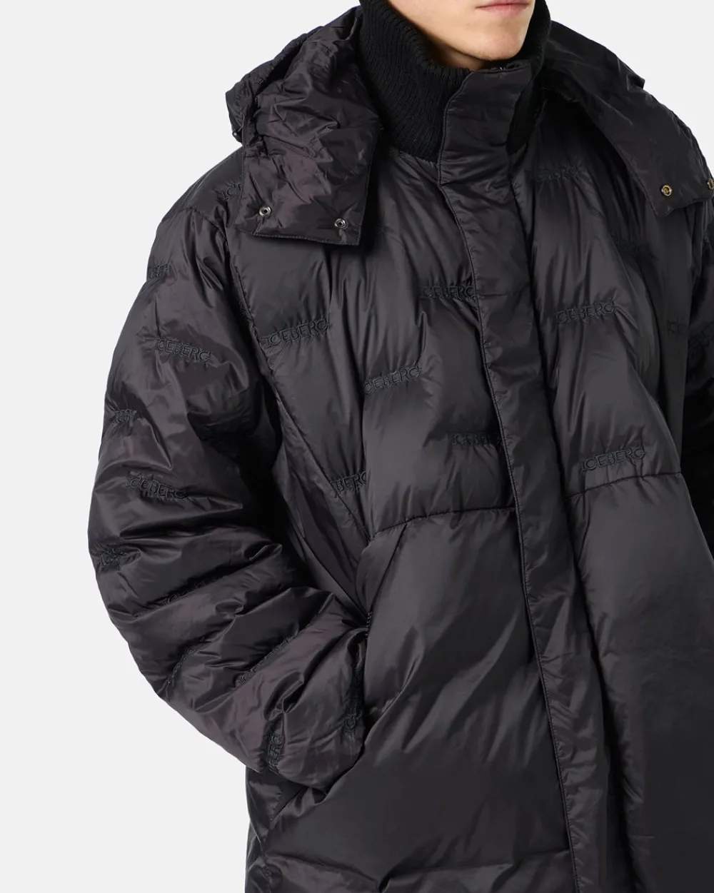 Iceberg Nylon Long Duvet Jacket With Allover Embroidery And Central Zip
