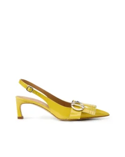 Women Iceberg Yellow Patinated Leather Pumps With Kitten Heel, Logo And Fringe