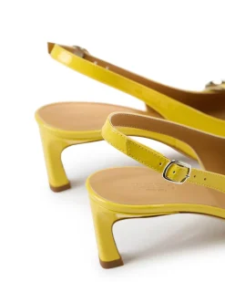 Women Iceberg Yellow Patinated Leather Pumps With Kitten Heel, Logo And Fringe
